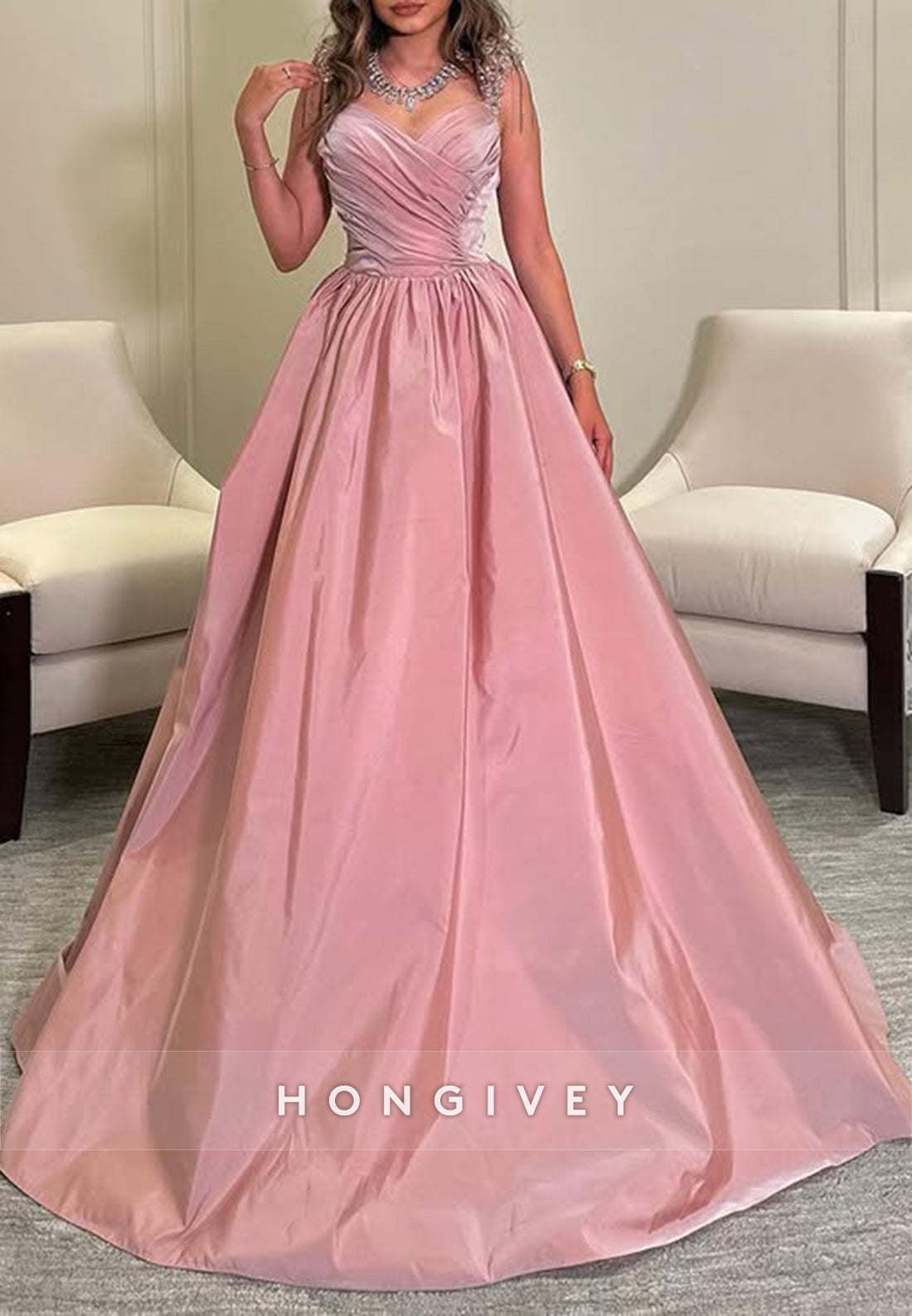 Princess Court Train Sweetheart Sleeveless Pleated Evening Gown