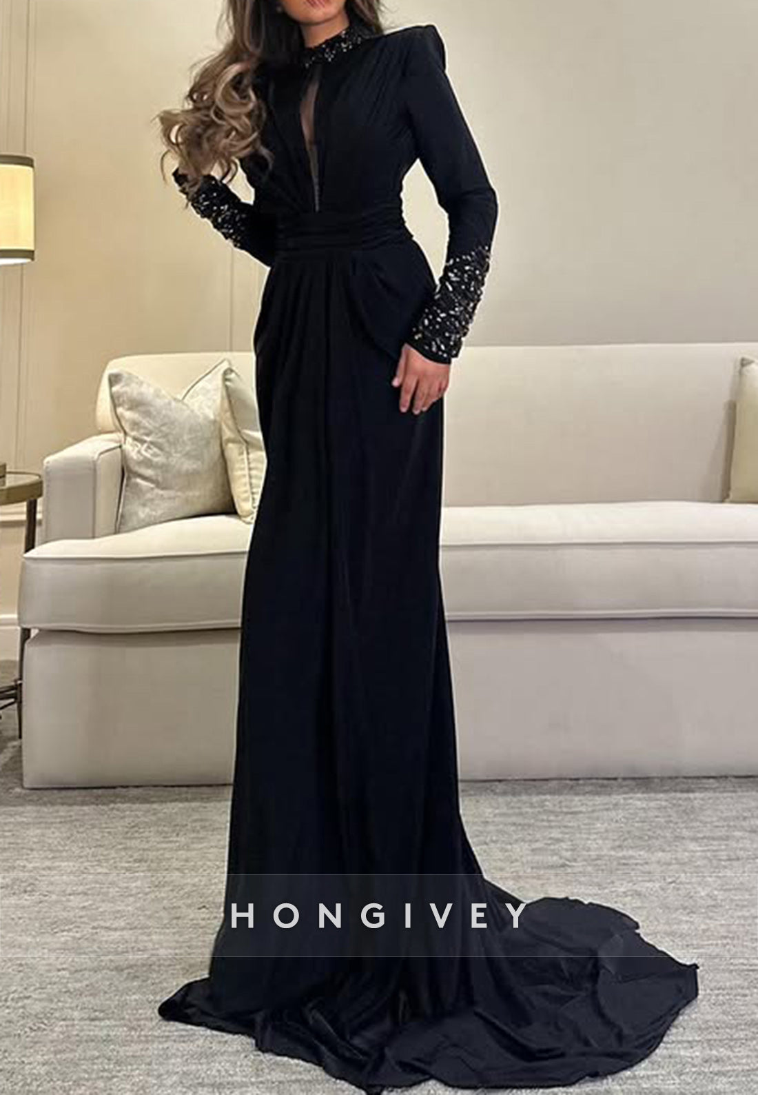 Black Long Sleeve High Neck Sheath Side Slit Pleated Evening Gown