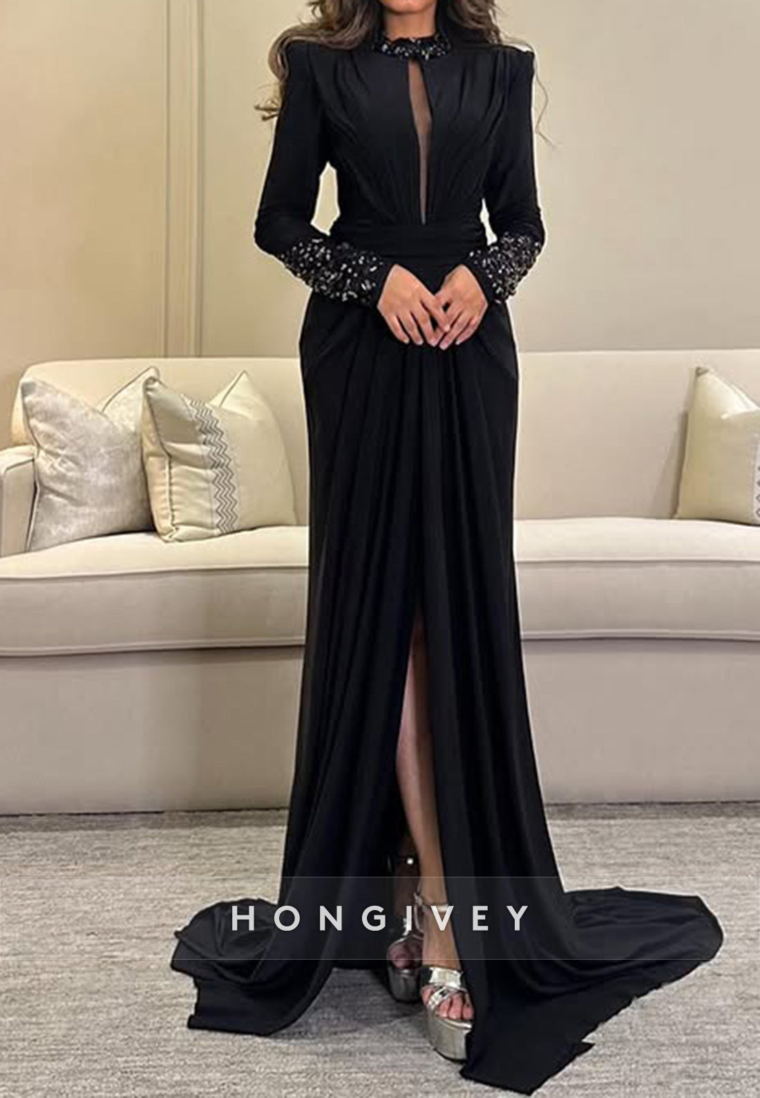Black Long Sleeve High Neck Sheath Side Slit Pleated Evening Gown
