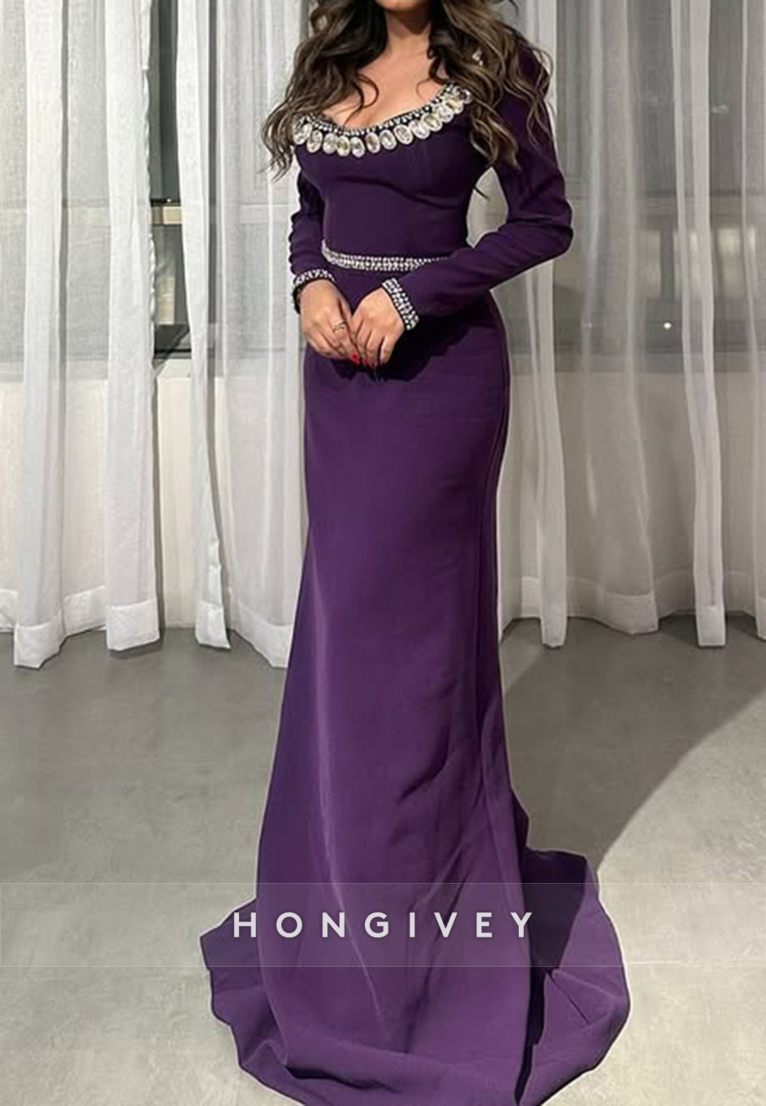 Elegant Rhinestone Evening Gown Court Train Column Scoop Long Sleeve Formal Dresses