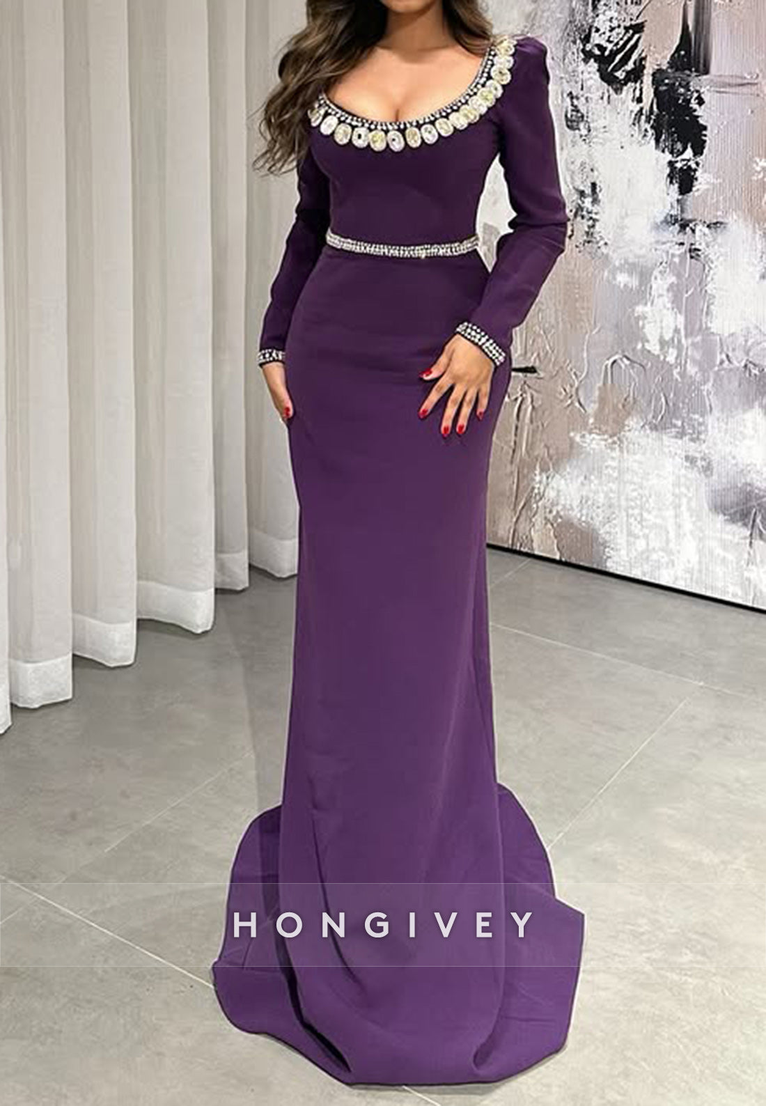 Elegant Rhinestone Evening Gown Court Train Column Scoop Long Sleeve Formal Dresses