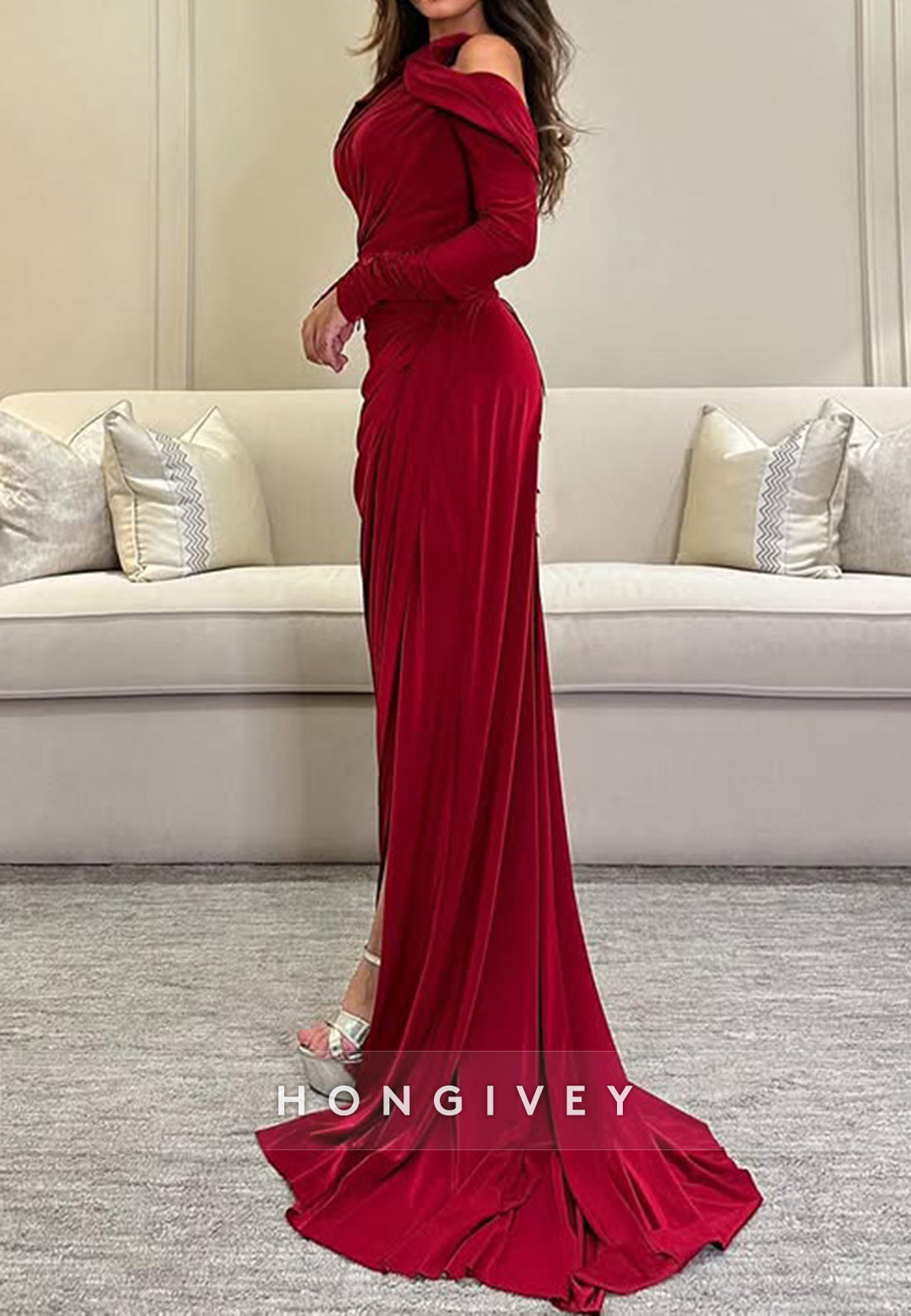 Red Sheath Court Train Asymmetrical Neck Satin Long Sleeve Side Slit Pleated Evening Gown