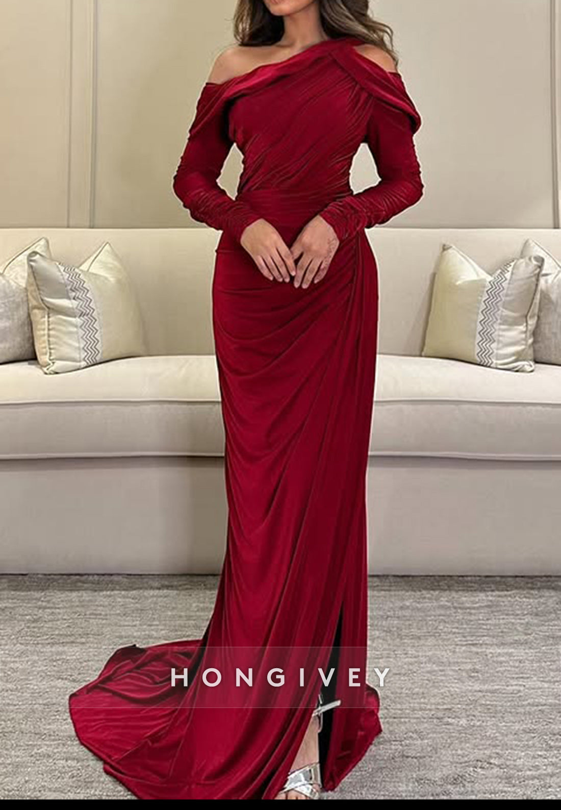 Red Sheath Court Train Asymmetrical Neck Satin Long Sleeve Side Slit Pleated Evening Gown