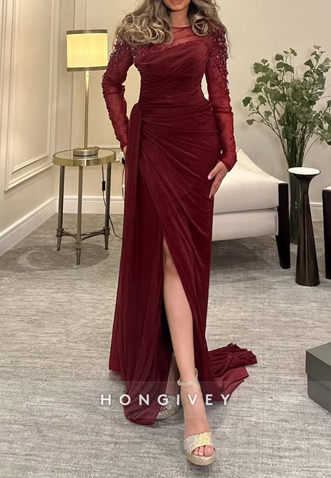 Sheath Court Train Illusion Neck Long Sleeve Pleated Side Slit Evening Gown