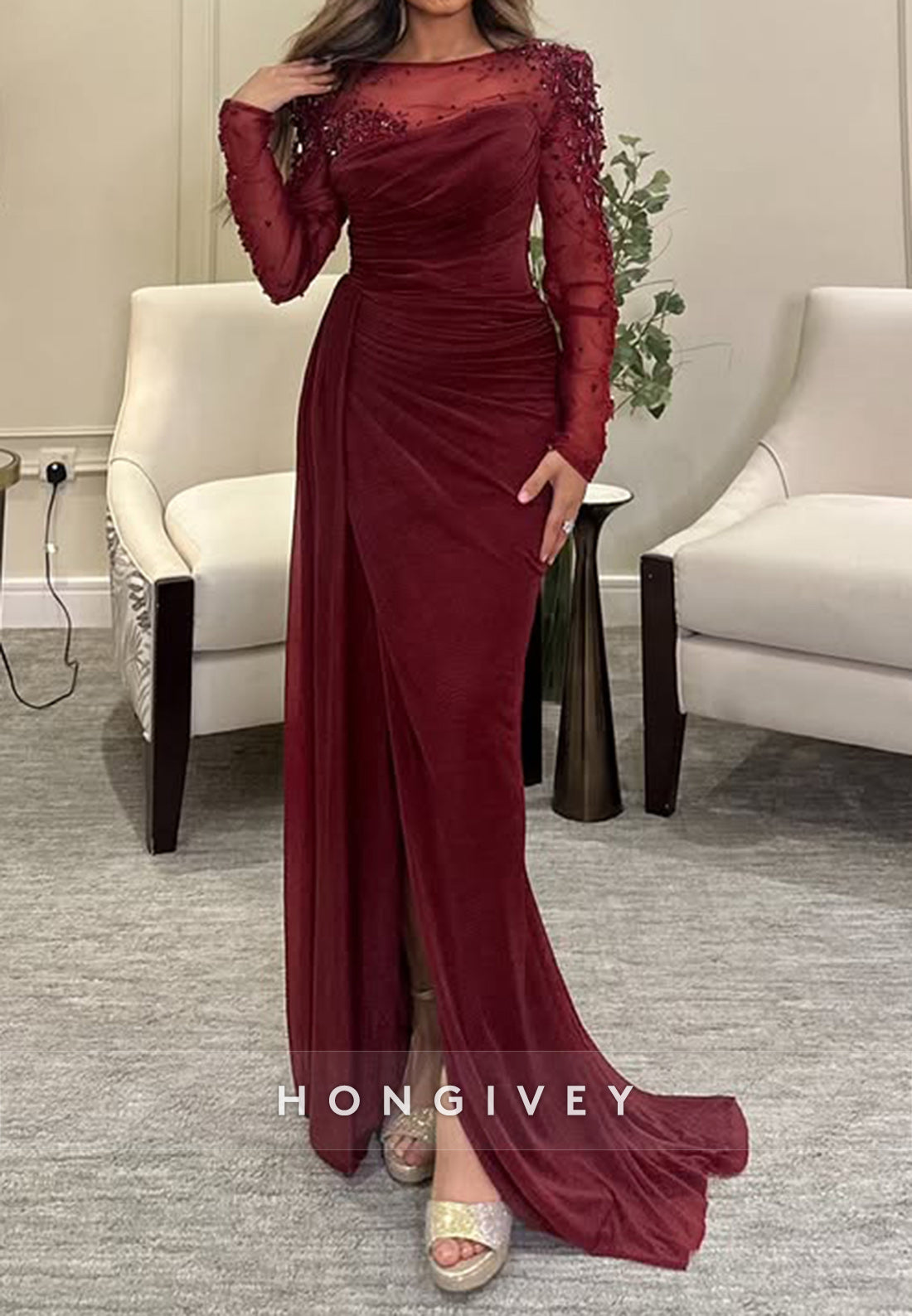 Sheath Court Train Illusion Neck Long Sleeve Pleated Side Slit Evening Gown