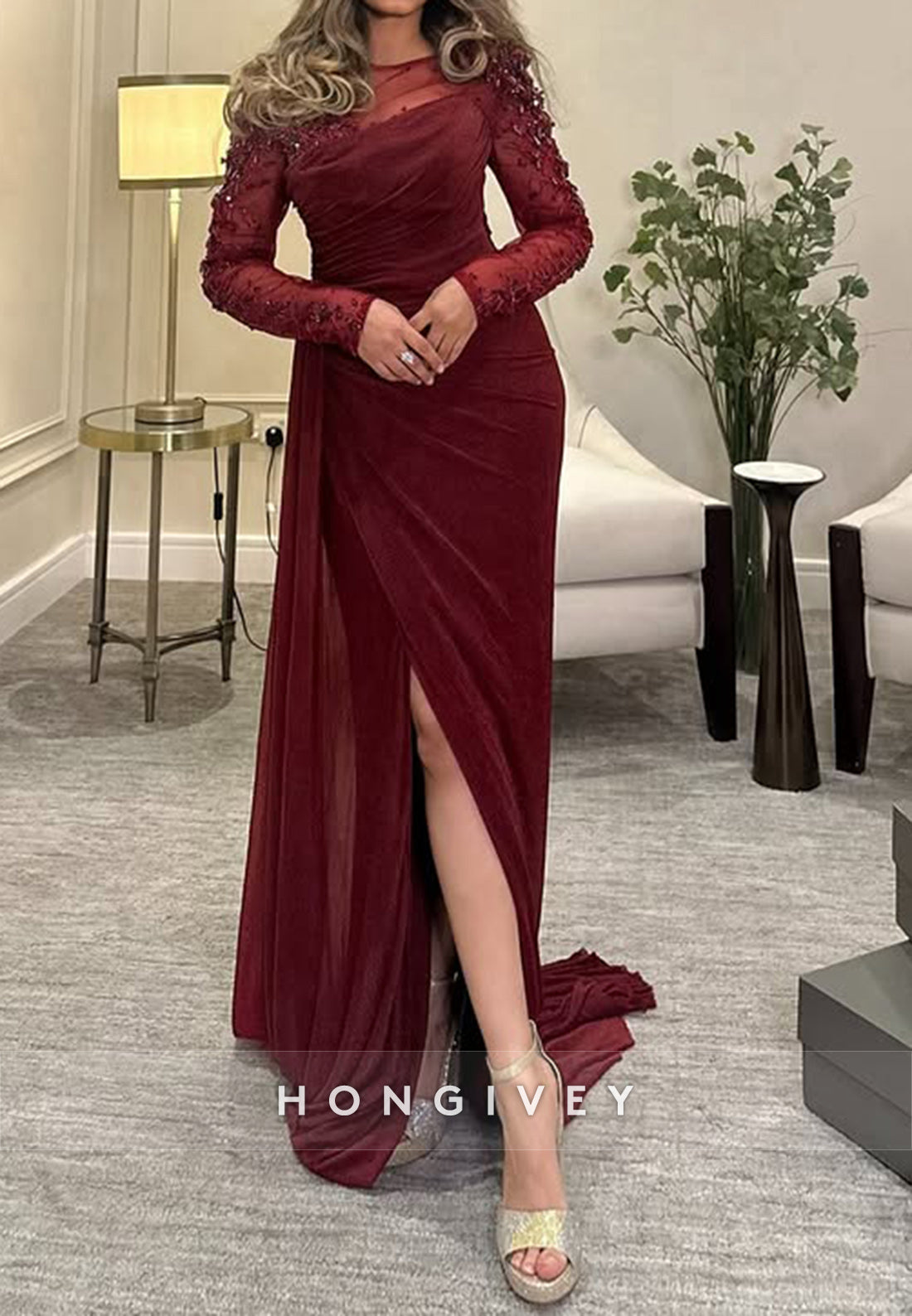 Sheath Court Train Illusion Neck Long Sleeve Pleated Side Slit Evening Gown