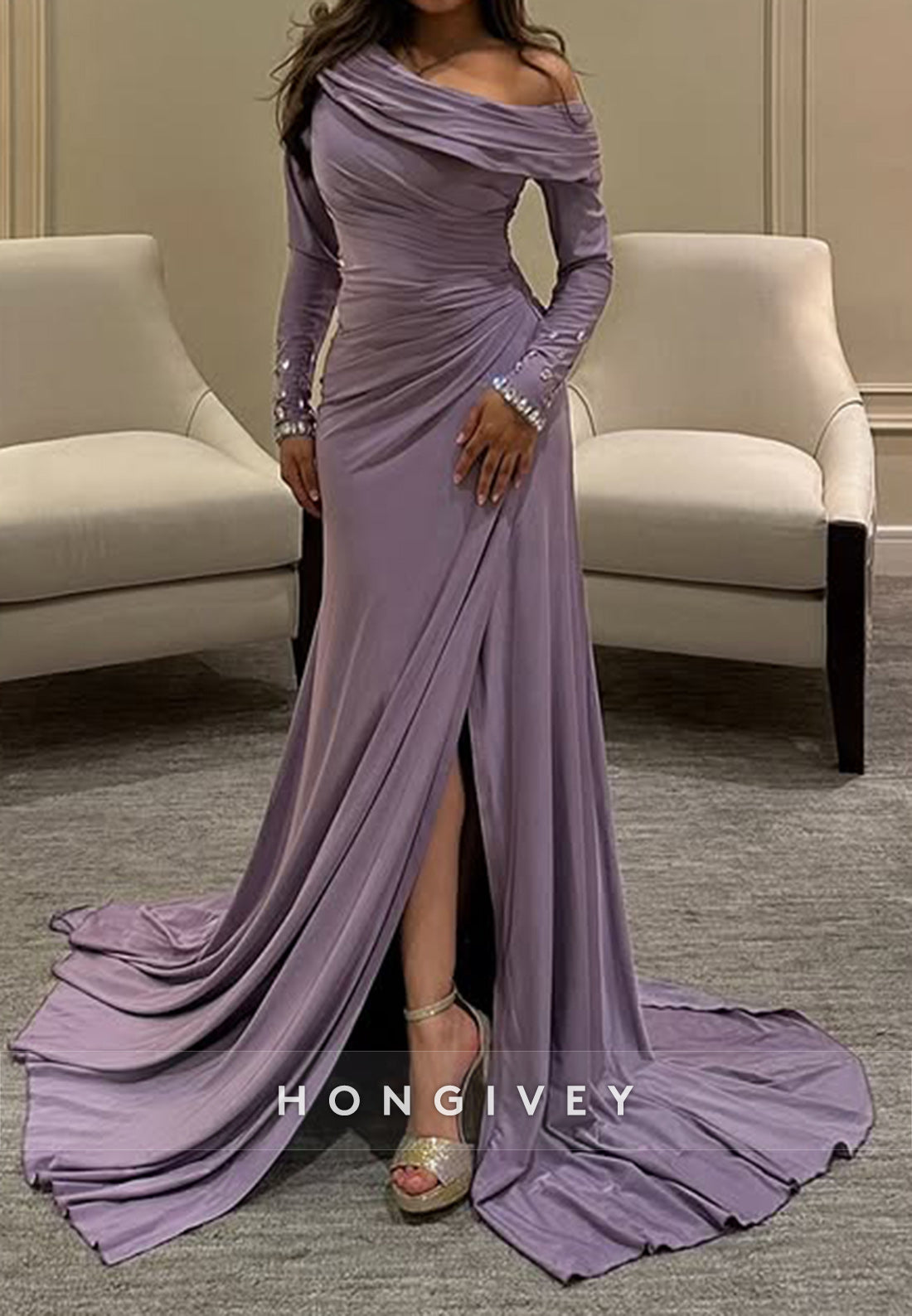 Column Chapel Train One Shoulder Long Sleeve Pleated Slit Evening Gown