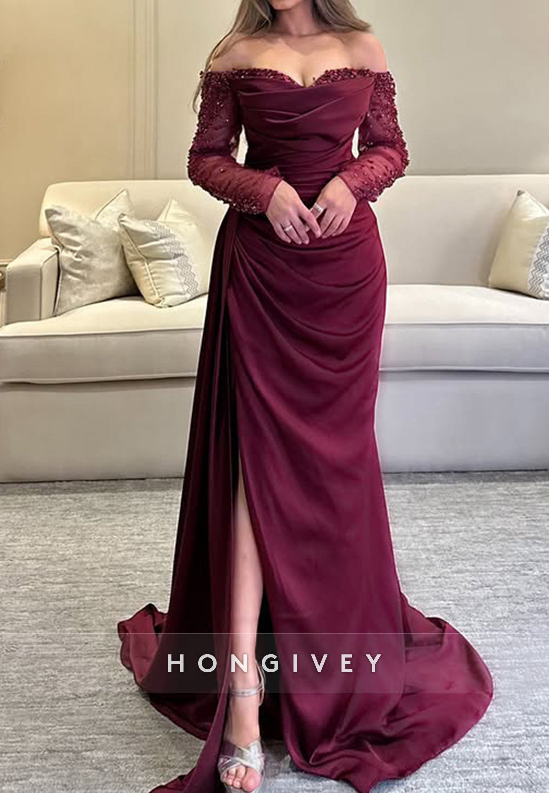 Long Sleeve Off the Shoulder Sweetheart Chapel Train Pleated Side Slit Evening Gown
