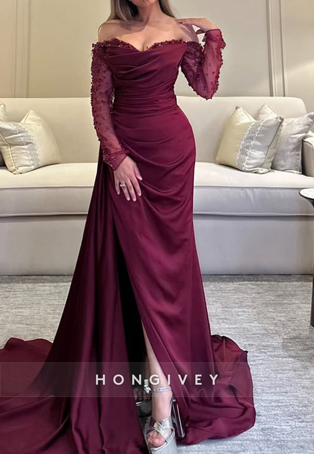 Long Sleeve Off the Shoulder Sweetheart Chapel Train Pleated Side Slit Evening Gown