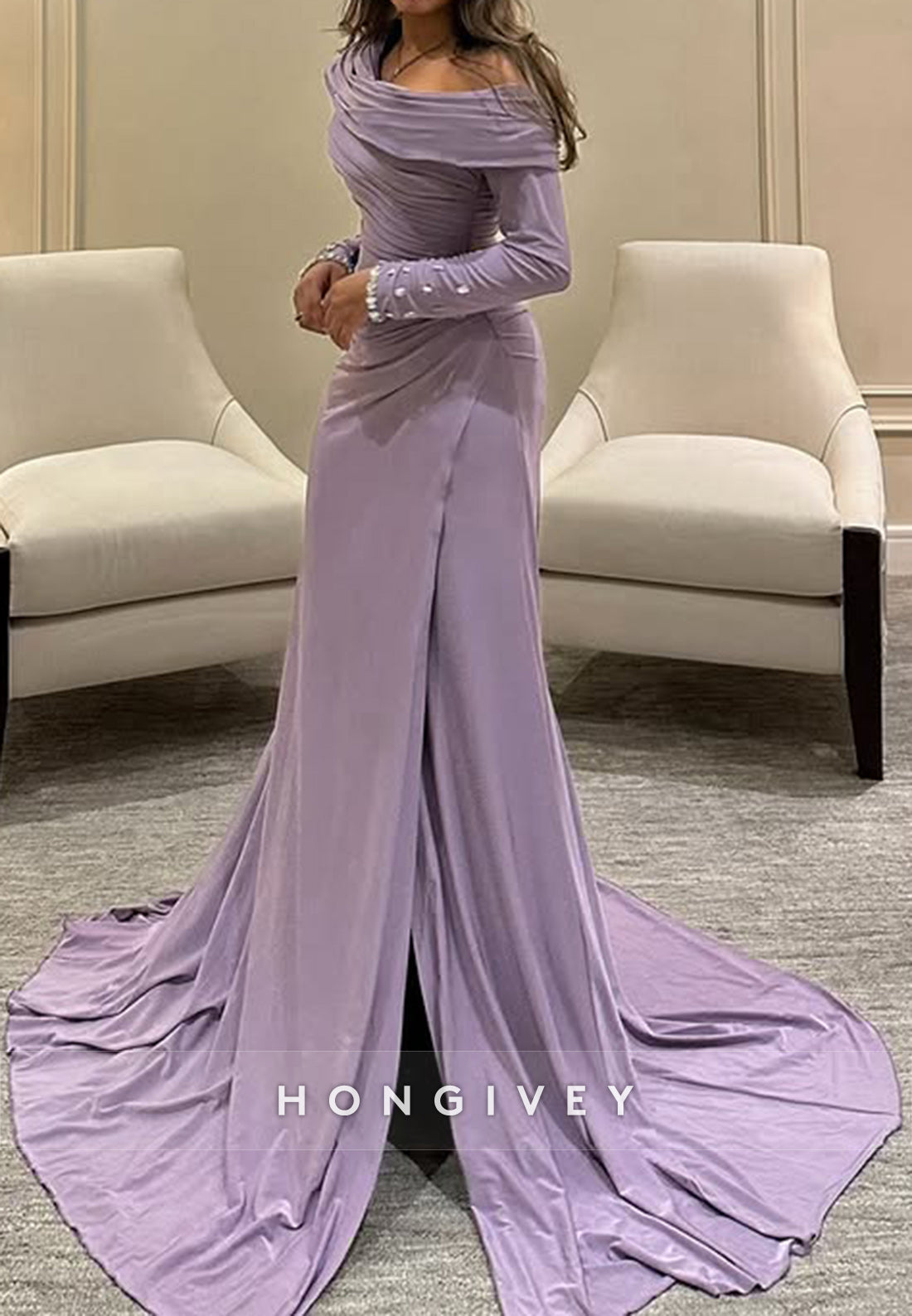 Column Chapel Train One Shoulder Long Sleeve Pleated Slit Evening Gown