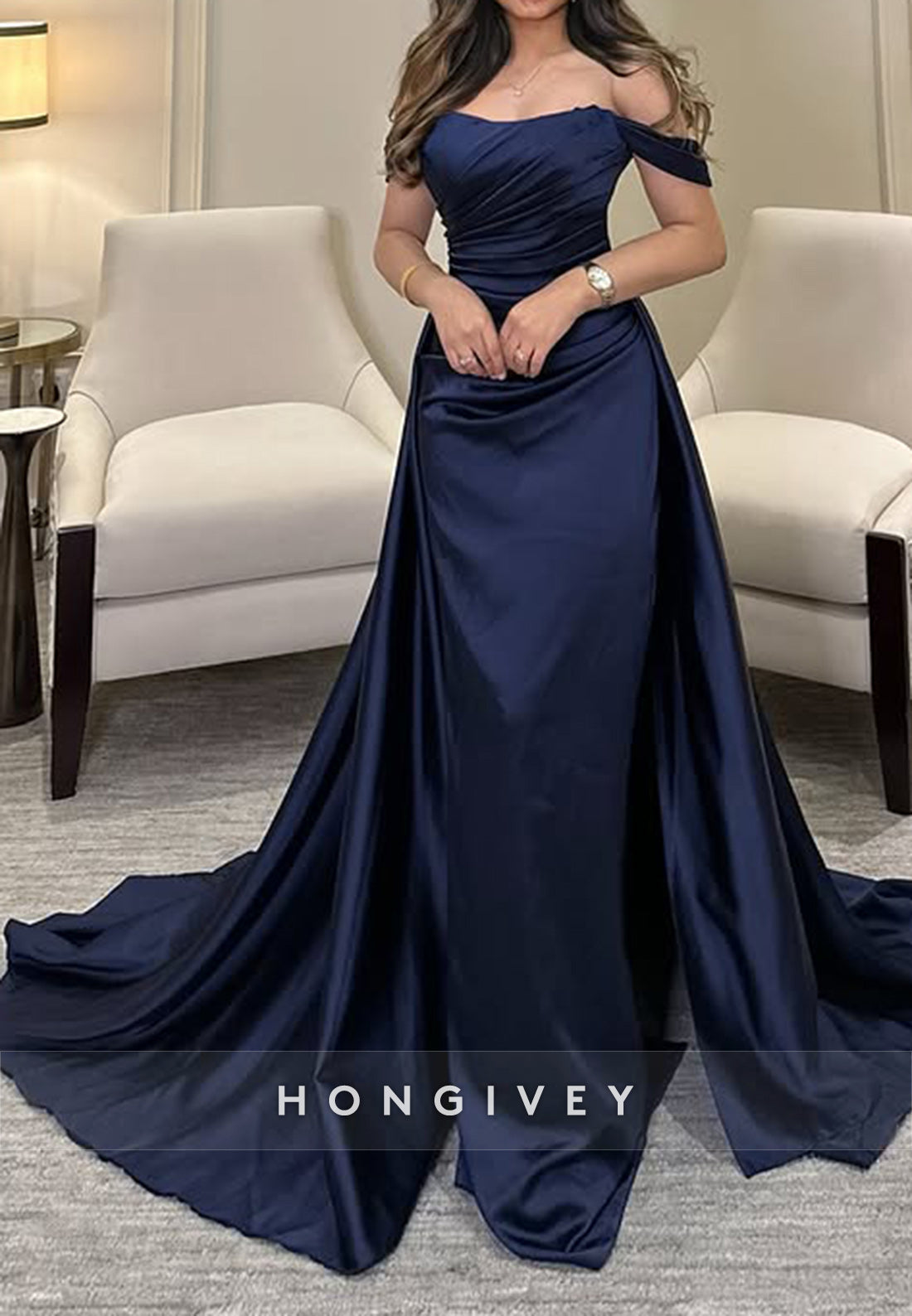 Column Off the Shoulder Chapel Train Satin Pleated Watteau Train Evening Gown