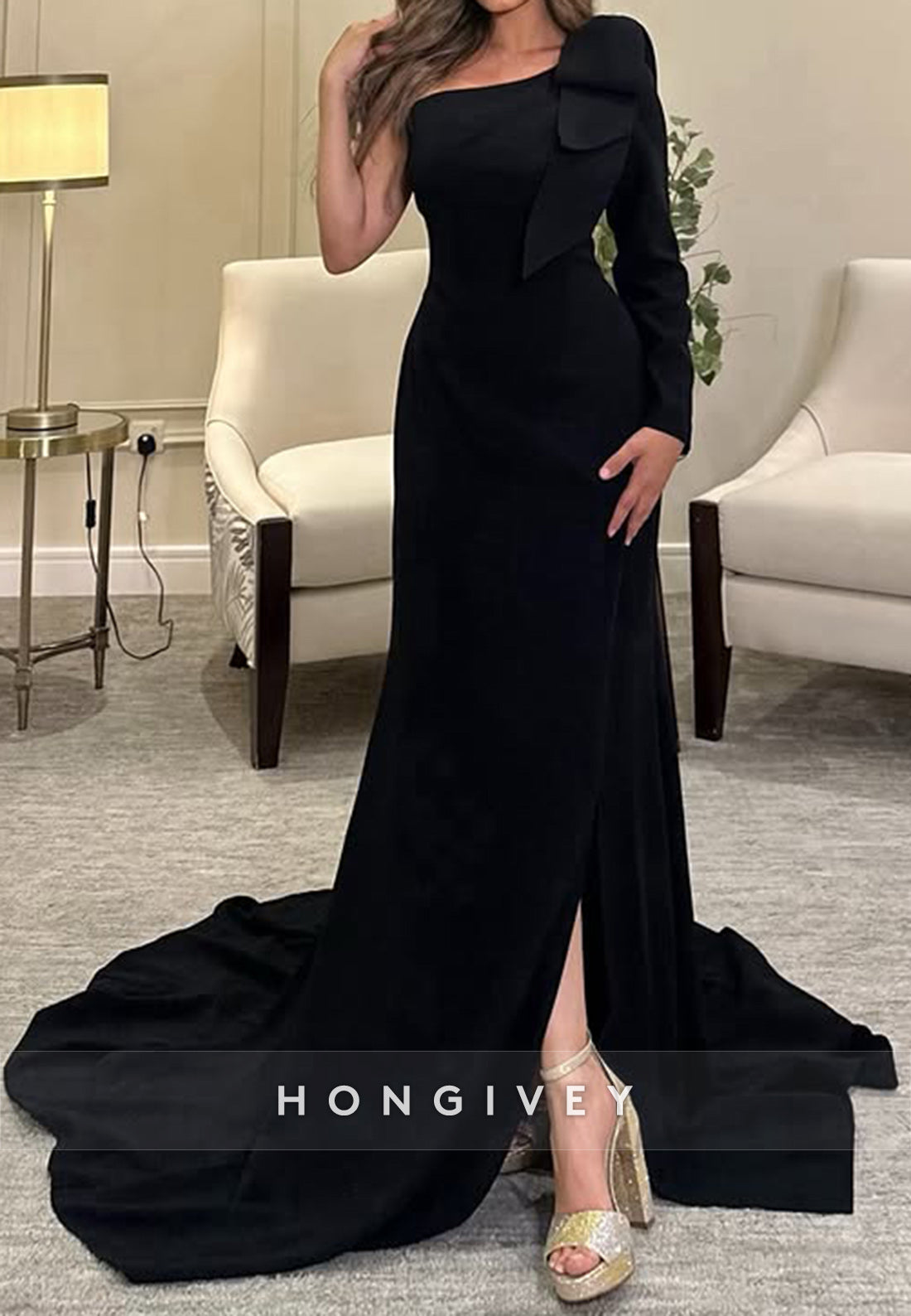 Split Court Train Asymmetrical Neck Satin Pleated Evening Gown