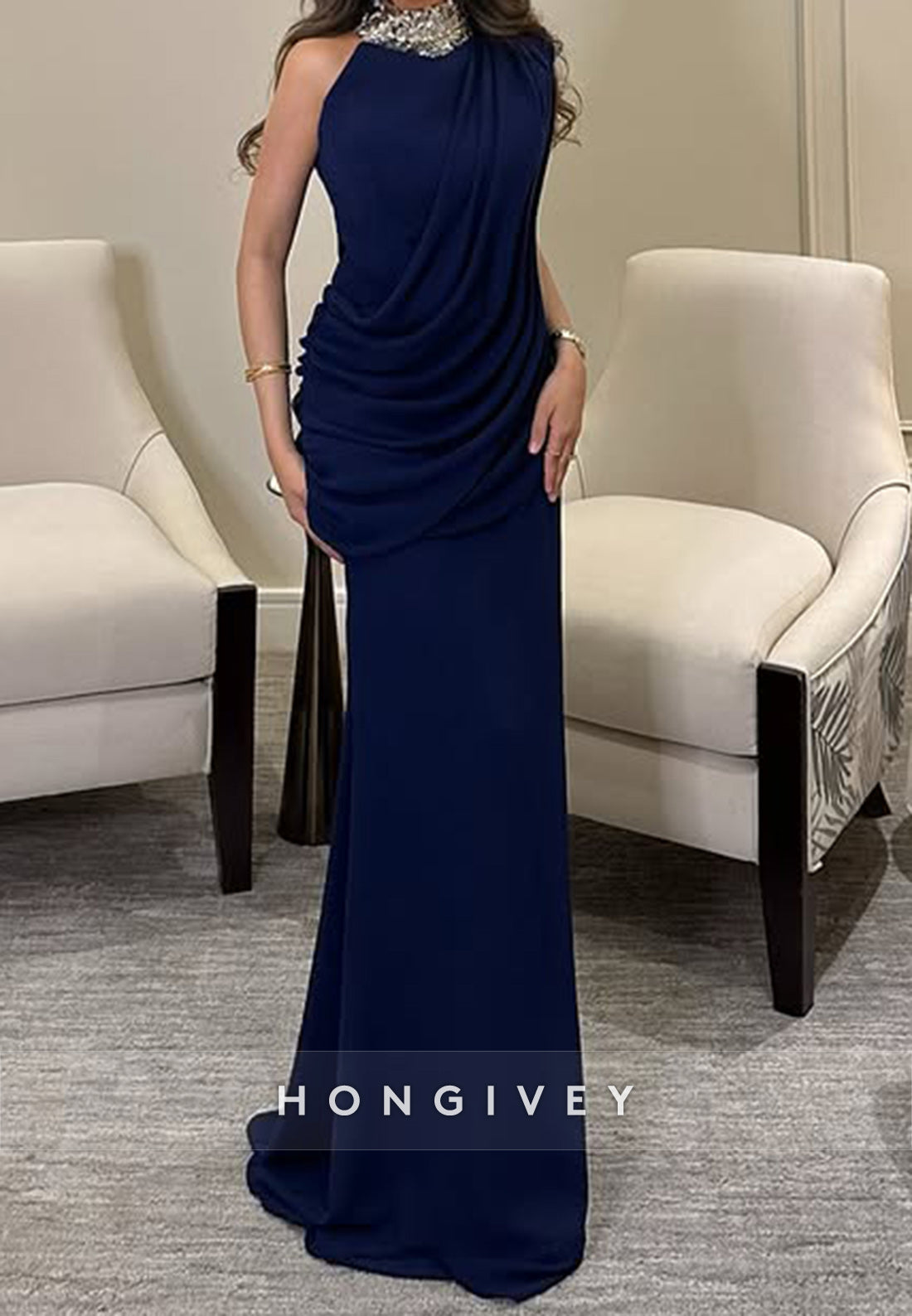 Elegant Pleated Sleeveless Satin Floor-Length Sheath Evening Gown