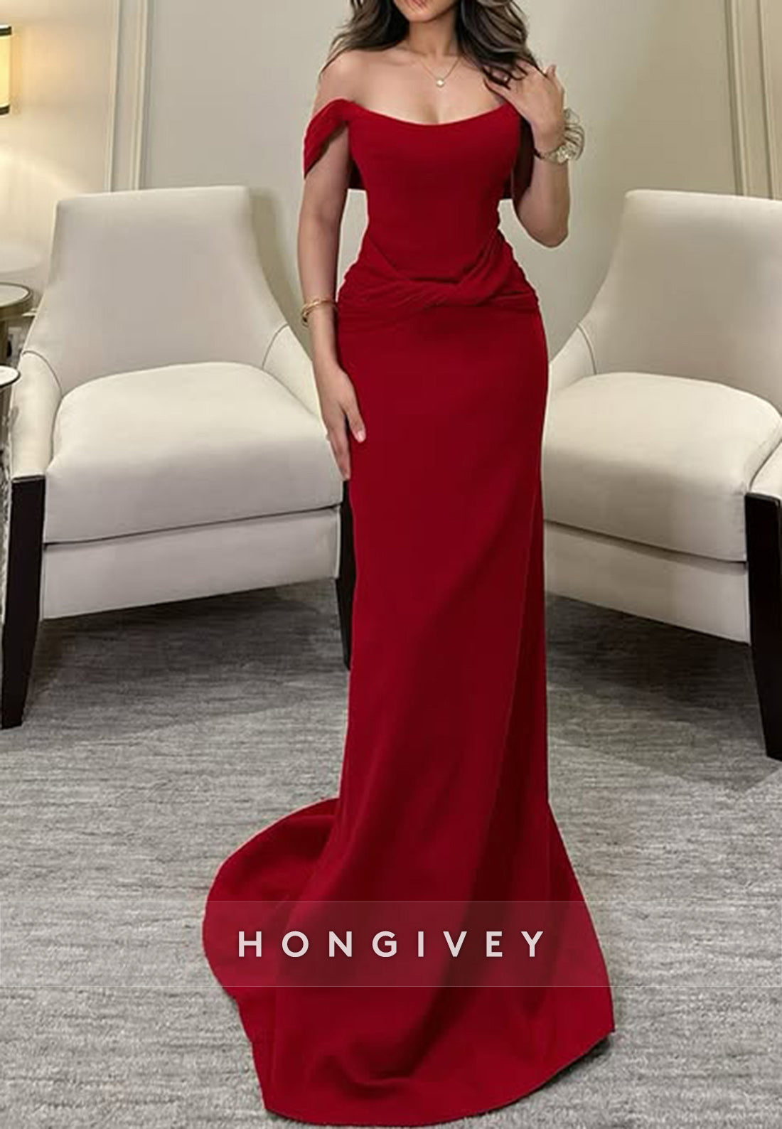 Court Train Sheath Satin Off the Shoulder Pleated Evening Gown