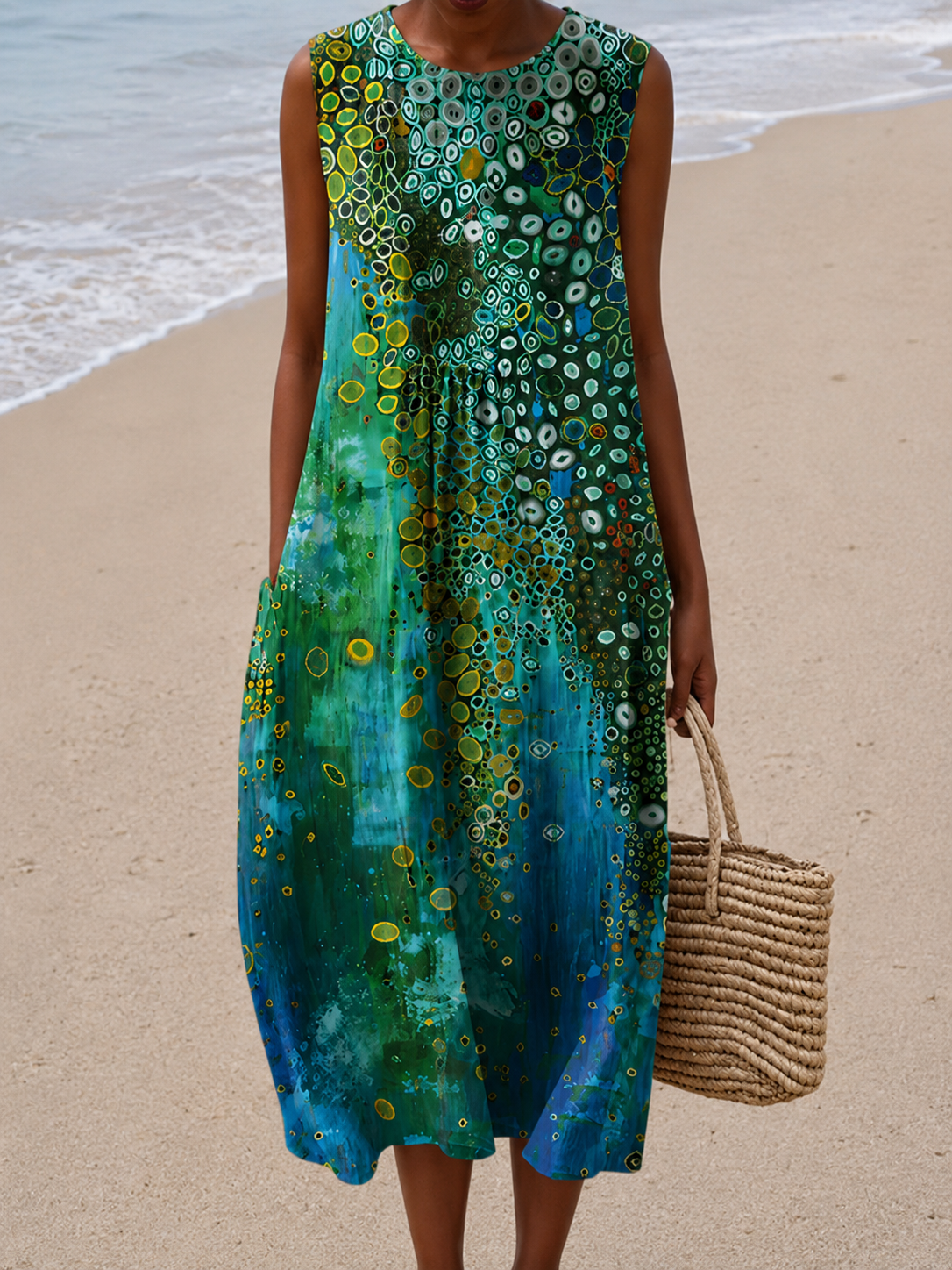 Abstract Circle Print Crew Neck Sleeveless Midi Dress