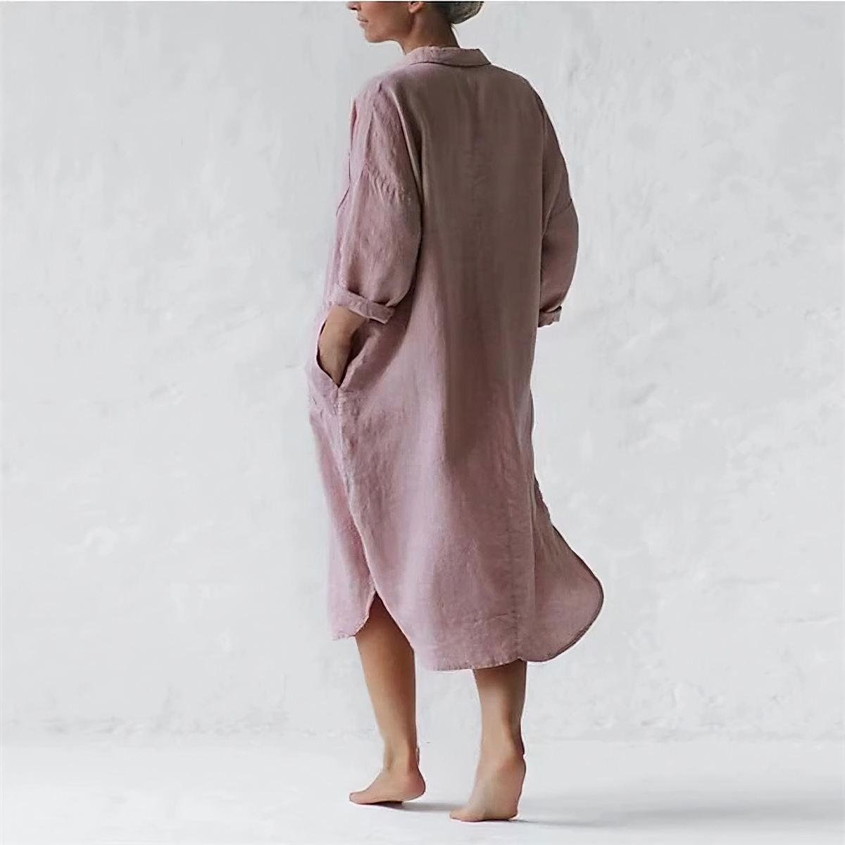Crinkle Textured Long Sleeve Collar Pocket Midi Shirt Dress