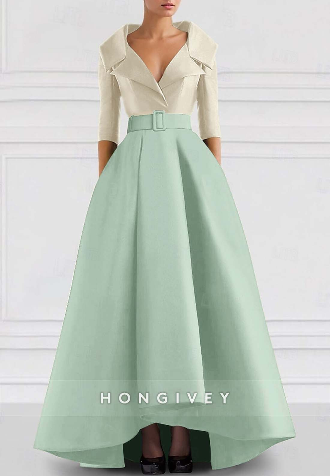 A-line Asymmetrical Evening Gown V Neck Half Sleeve Pockets Pleated Waistband Mother of the Bride