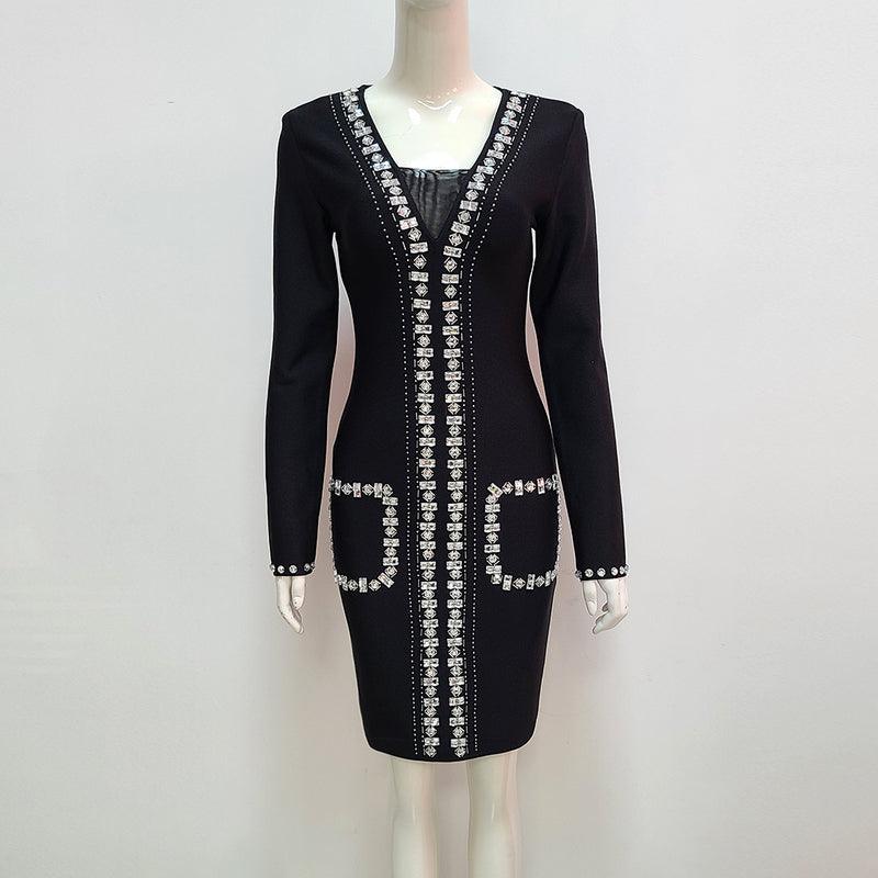 Rhinestone Center Panel Deep V-Neck Long Sleeve Bodycon Mini Dress - View 3