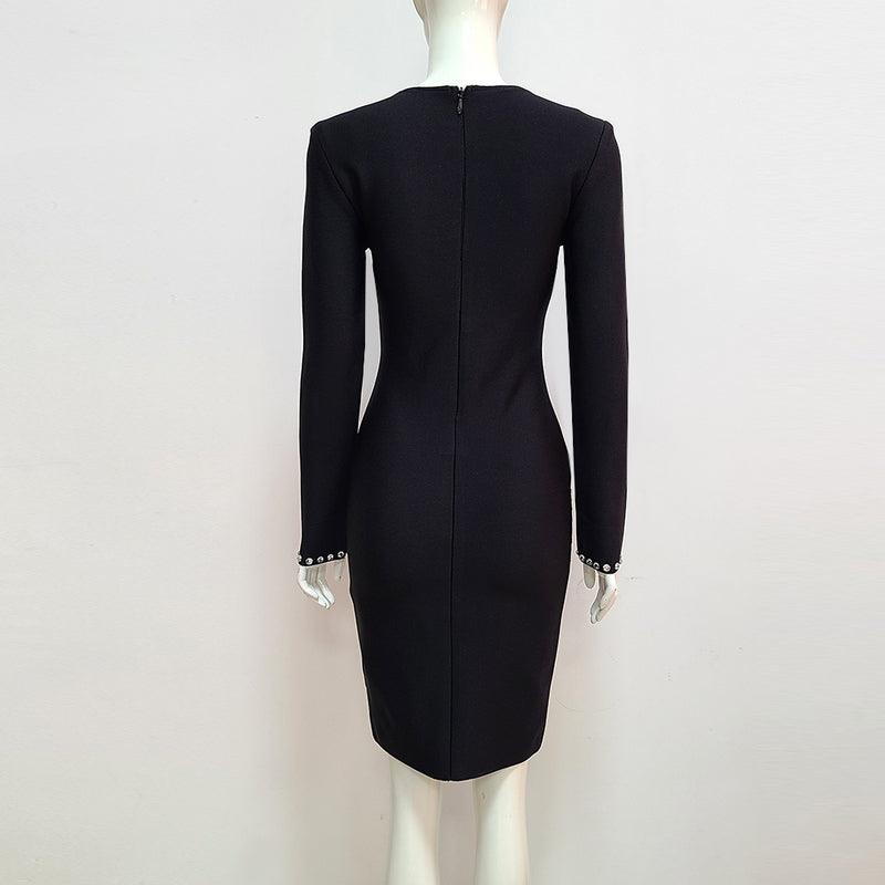 Rhinestone Center Panel Deep V-Neck Long Sleeve Bodycon Mini Dress - View 5