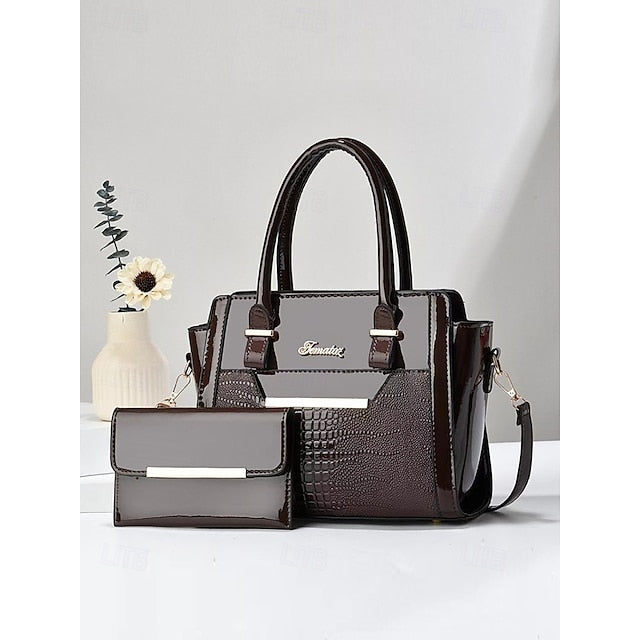 Faux Glossy Patent Handbag Set Leather