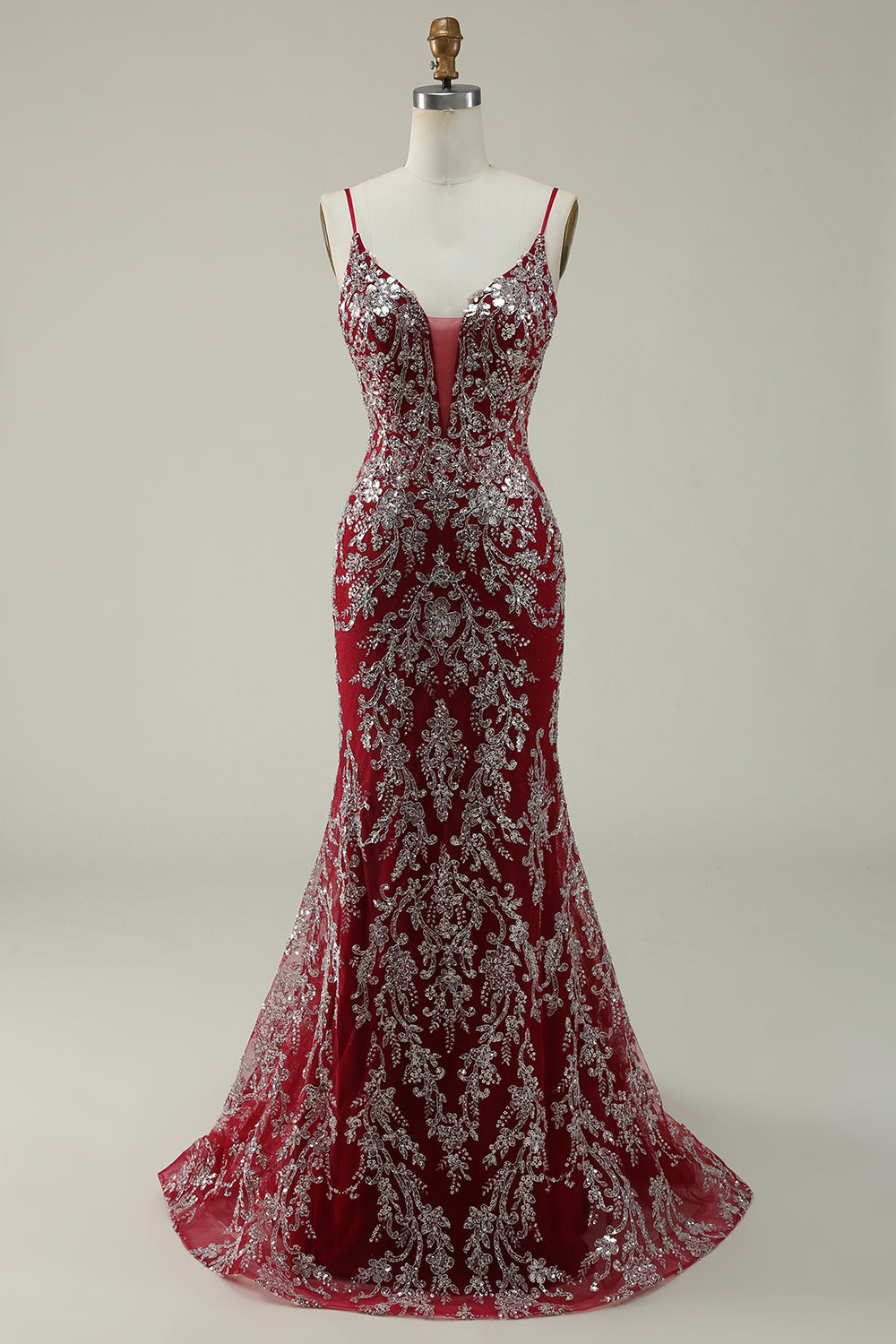 Mermaid Spaghetti Straps Burgundy Long Prom Dress with Bronzing - Fashionpara
