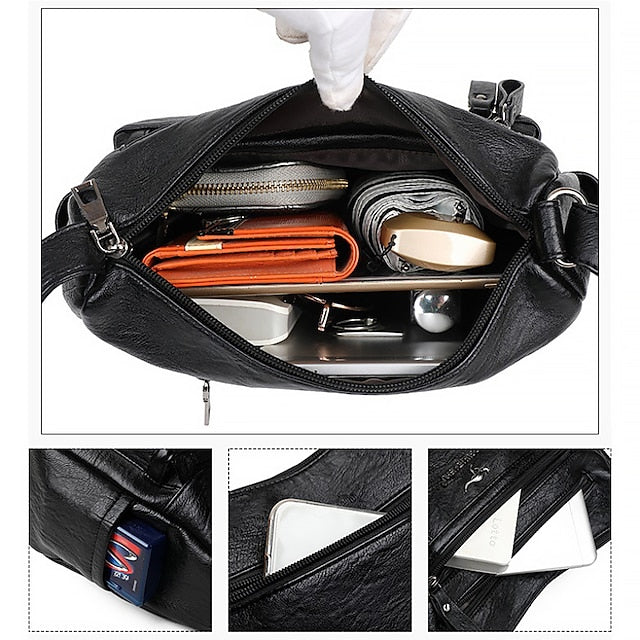 Shoulder Bag Leather Black Faux Multi-Pocket