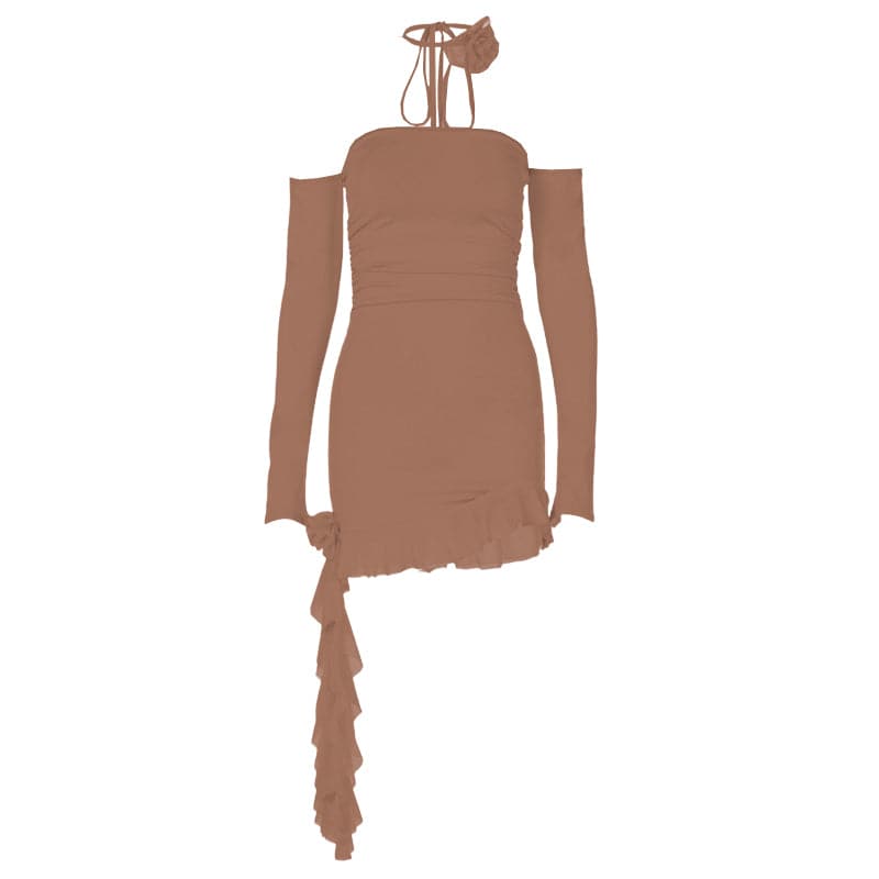 Off Shoulder Long Sleeve Ruched Ruffle Hem Bodycon Mini Dress - View 7