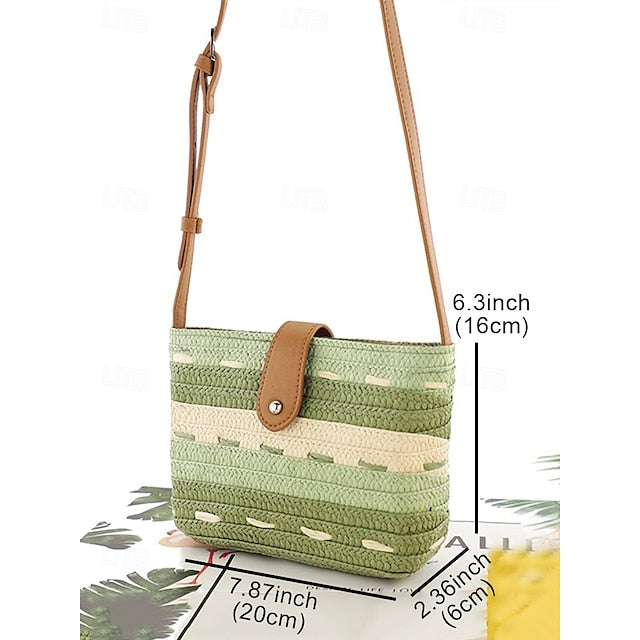Striped with Bag Colorblock Straw Woven Brown Tote