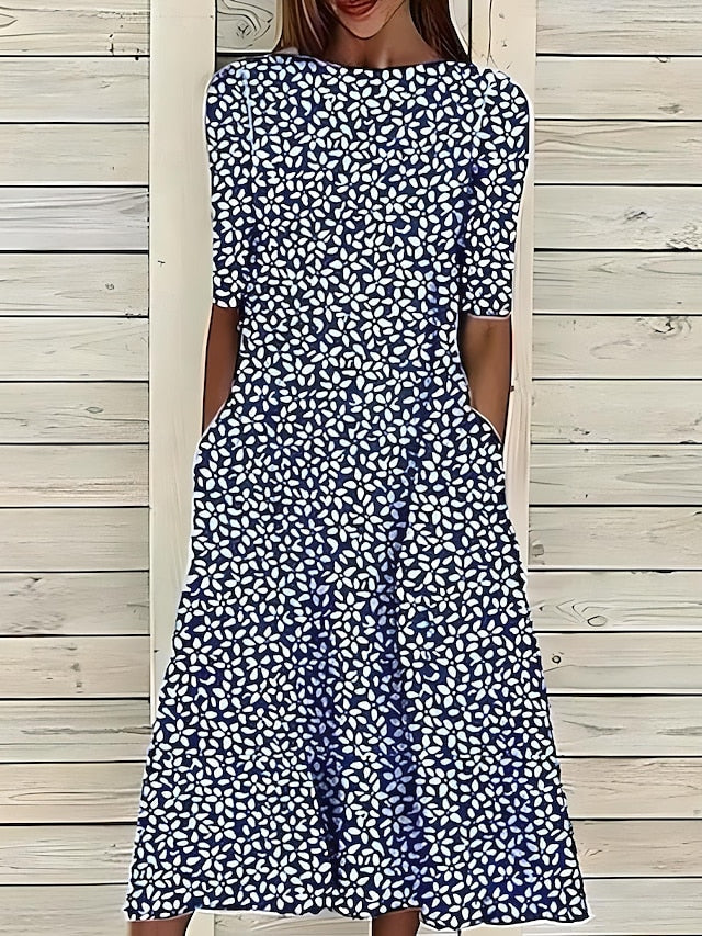 Ditsy Floral Boat Neck Short Sleeve Pocket Midi Dress