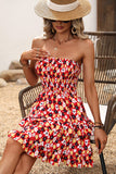 Smocked Bandeau Printed Ruffled Mini Dress