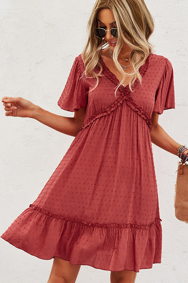 Solid Color V Neck High Waist Casual Dress - Fashionpara