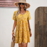 Floral Print V Neck Short Sleeve Casual Dress