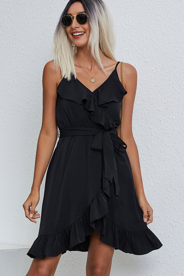 Ruffle Hem Solid Tie Waist Mini Dress - Fashionpara