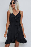 Ruffle Hem Solid Tie Waist Mini Dress