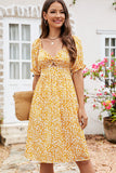 Floral Print Hook Design V Neck Casual Dress
