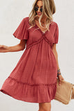 Solid Color V Neck High Waist Casual Dress