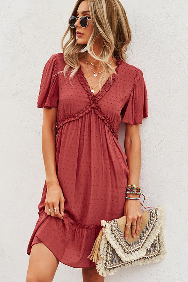 Solid Color V Neck High Waist Casual Dress - Fashionpara