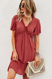 Solid Color V Neck High Waist Casual Dress