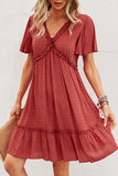 Solid Color V Neck High Waist Casual Dress
