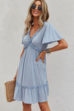 Fashion Solid Color Frill V Neck Casual Dress