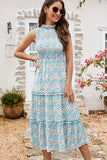 Smocked Chest Floral Print Sleeveless Dress