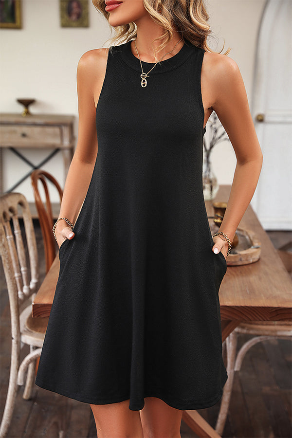 Solid Color Sleeveless Round Neck Casual Dress - Fashionpara