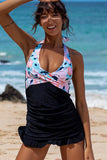 Twist Front Floral Print Ruched Tankini Swimskirt Set