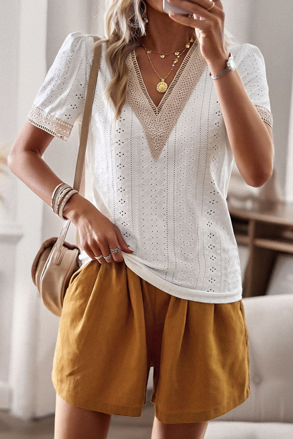 White V Neck Patchwork Short Sleeve Casual Tops - Fashionpara