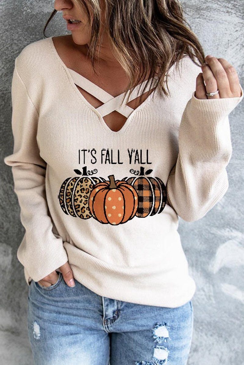 Women's Pullovers Pumpkin Print Criss Cross Pullover