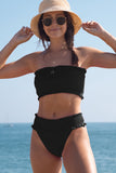 Solid Black Smocked Stringy Selvedge Bikini Set