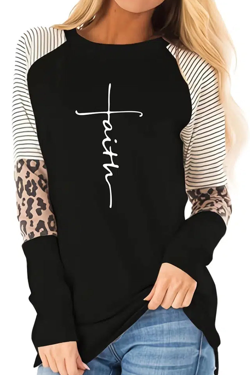 Faith Letter Print Crew Neck T-Shirt - Fashionpara