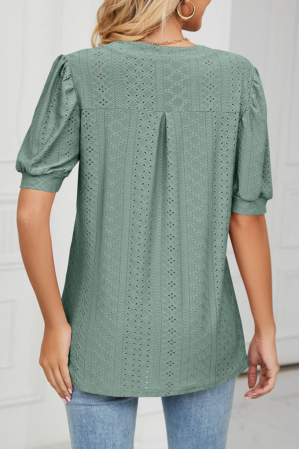 Bubble Sleeve V Neck Casual Tops - Fashionpara
