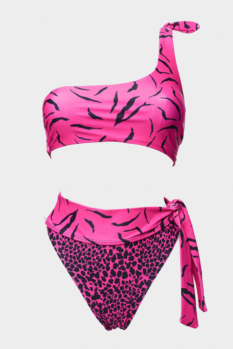 One Shoulder Leopard Print Two Pieces Swimsuit