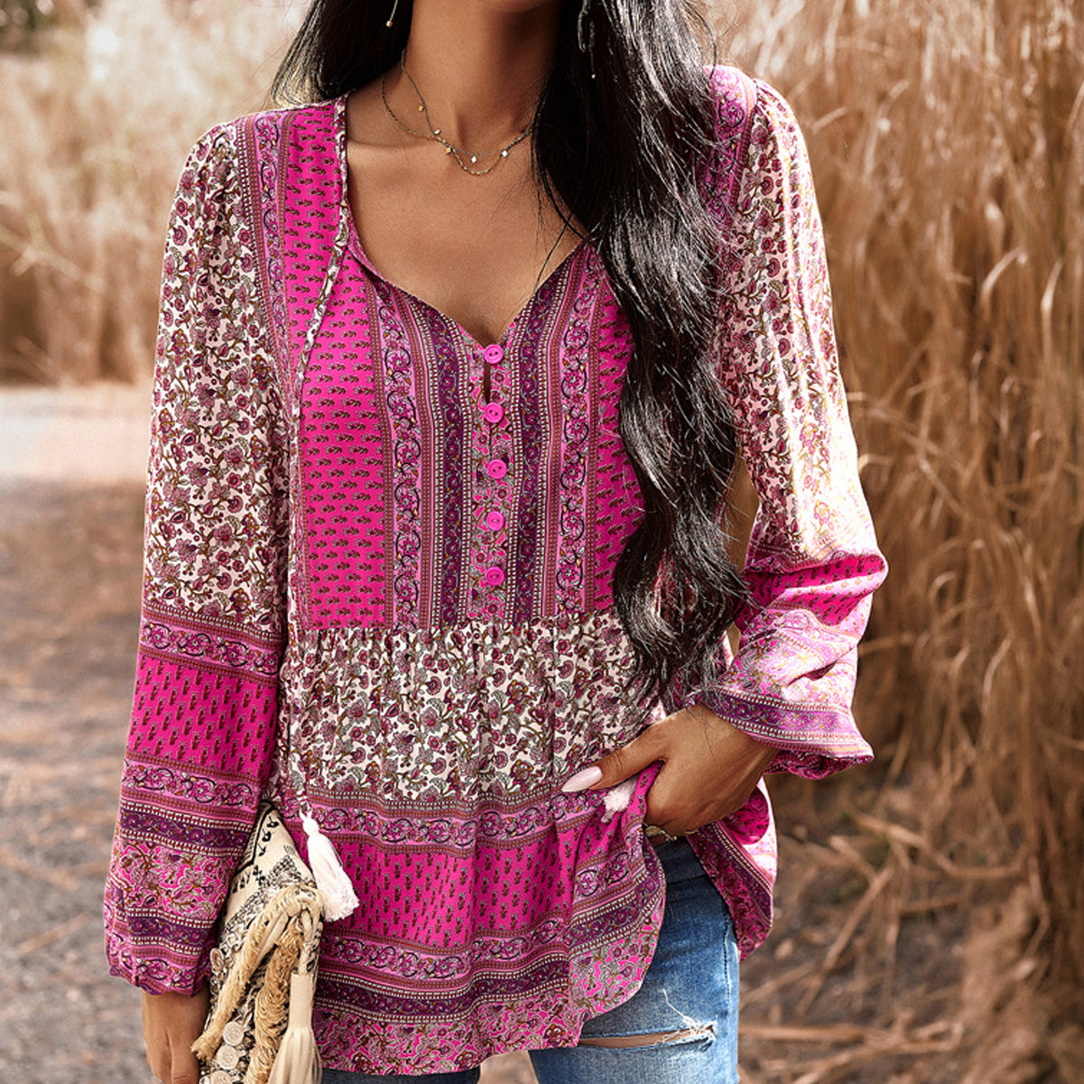 Bohemia Long Sleeve Floral Casual Tops - Fashionpara